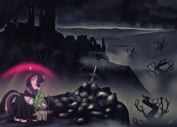 Size: 1576x1126 | Tagged: safe, artist:dsana, imported from derpibooru, spike, twilight sparkle, alicorn, bird, crow, dragon, cloak, clothes, commission, glowing horn, magic, rain, ruins, scenery, sword in the stone, twilight sparkle (alicorn), walking stick