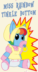 Size: 346x652 | Tagged: safe, artist:evilfrenzy, imported from derpibooru, comic:dolly dash, alternate hairstyle, bonnet, booties, clothes, cropped, curly mane, diaper, doll, dress, not rainbow dash, pacifier, poofy diaper, rainbow dash always dresses in style, sitting, solo, toy