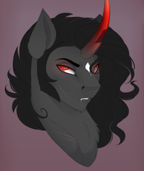 Size: 1933x2293 | Tagged: safe, artist:evehly, imported from derpibooru, king sombra, pony, unicorn, bust, chest fluff, curved horn, fangs, looking at you, male, portrait, red eyes, scar, scarred, simple background, slit eyes, slit pupils, solo, stallion