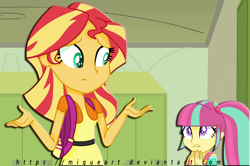 Size: 1082x720 | Tagged: safe, artist:miqueart, imported from derpibooru, sour sweet, sunset shimmer, equestria girls, alternate universe, backpack, clothes, shrug, shrugset shimmer