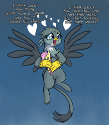 Size: 1400x1600 | Tagged: safe, artist:heir-of-rick, imported from derpibooru, fluttershy, gabby, griffon, can't hug every cat, cute, dialogue, doll, female, floating heart, flying, gabbybetes, heart, solo, song reference, spread wings, teary eyes, toy, wings