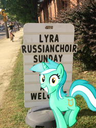 Size: 720x960 | Tagged: safe, artist:moonbrony, edit, editor:arterialblack716, imported from derpibooru, lyra heartstrings, pony, unicorn, female, grin, irl, jumping, looking at you, mare, outdoors, photo, ponies in real life, pun, sign, smiling