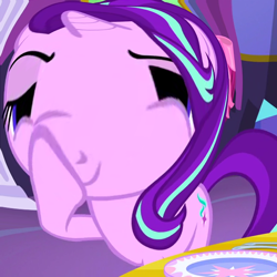 Size: 600x600 | Tagged: safe, edit, edited screencap, imported from derpibooru, screencap, starlight glimmer, pony, unicorn, no second prances, boop, exploitable meme, glimmerposting, meme, self-boop, smiling, smirk, wat