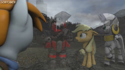 Size: 3840x2160 | Tagged: safe, artist:goatcanon, imported from derpibooru, applejack, zecora, oc, oc:littlepip, oc:steelhooves, earth pony, ghost, pony, unicorn, zebra, fallout equestria, 3d, applejack's rangers, armor, clothes, colored hooves, crossover, ear piercing, earring, fallout, fanfic, fanfic art, female, floppy ears, gun, hooves, jewelry, jumpsuit, male, mare, piercing, power armor, ring, source filmmaker, stallion, steel ranger, vault suit, weapon