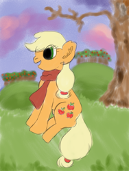 Size: 1352x1800 | Tagged: safe, artist:faience, imported from derpibooru, applejack, apple tree, clothes, female, scarf, solo, tree, wip