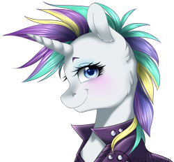 Size: 3114x2893 | Tagged: safe, artist:pillonchou, imported from derpibooru, rarity, pony, unicorn, it isn't the mane thing about you, alternate hairstyle, blushing, clothes, cute, eyeshadow, female, looking at you, makeup, mare, punk, raribetes, raripunk, short hair, simple background, smiling, solo, transparent background