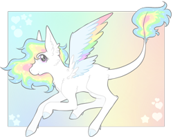 Size: 1000x805 | Tagged: safe, artist:reverseau, imported from derpibooru, oc, oc only, oc:splatterbox, original species, cloven hooves, gradient background, leonine tail, licilla pony, rainbow background, simple background, solo, transparent, transparent background