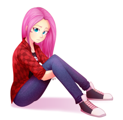 Size: 1024x1005 | Tagged: safe, artist:fj-c, imported from derpibooru, fluttershy, human, equestria girls, clothes, converse, female, hug, humanized, jeans, leg hug, looking at you, pants, plaid shirt, shirt, shoes, simple background, sitting, solo