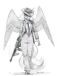 Size: 1100x1478 | Tagged: safe, artist:baron engel, imported from derpibooru, princess luna, alicorn, anthro, unguligrade anthro, clothes, female, gangster, grayscale, gun, hat, looking at you, mare, monochrome, pencil drawing, serious, serious face, simple background, sketch, suit, tommy gun, traditional art, trigger discipline, weapon, white background