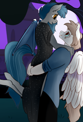 Size: 2400x3500 | Tagged: safe, artist:huckser, imported from derpibooru, oc, oc only, oc:nuke, oc:speck, anthro, bat pony, pegasus, canterlot, clothes, couple, dress, female, hug, husband and wife, looking at each other, male, married couple, married couples doing married things, shipping, smiling, speke, straight