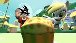 Size: 1280x720 | Tagged: safe, artist:shinxboy, imported from derpibooru, derpy hooves, 3d, dragon ball, dragon ball super, dragon ball z, dragonball z abridged, food, goku, muffin, son goku