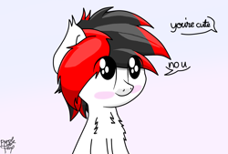 Size: 1138x768 | Tagged: safe, artist:kimjoman, artist:php142, imported from derpibooru, oc, oc only, oc:tiorafa, earth pony, pony, blushing, cute, gradient background, looking up, male, paint tool sai, shy, sitting, solo, text