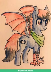 Size: 1536x2128 | Tagged: safe, imported from derpibooru, oc, oc only, oc:blue pixel, bat pony, griffon, hippogriff, hybrid, amino, bat pony griffon, cutie mark, fangs, solo, traditional art