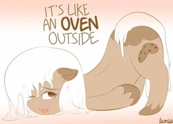 Size: 960x687 | Tagged: safe, artist:lamia, imported from derpibooru, oc, oc only, food pony, original species, brown eyes, cookie, cutie mark, dialogue, face down ass up, female, floppy ears, food, freckles, heat, mare, melting, no source available, oven, white mane, white tail