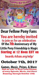 Size: 529x1017 | Tagged: safe, imported from derpibooru, applejack, fluttershy, pinkie pie, rainbow dash, rarity, twilight sparkle, /mlp/, /mlp/arty, anniversary, birthday cake, cake, event, food, happy birthday mlp:fim, mane six, mlp fim's seventh anniversary