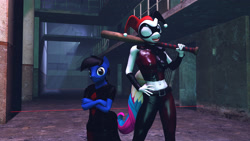 Size: 3020x1698 | Tagged: safe, artist:scalelover, imported from derpibooru, oc, oc only, oc:nick, anthro, 3d, batman, belly button, boy, harley quinn, kid, male, midriff, sidekick, source filmmaker