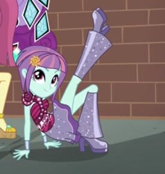 Size: 274x288 | Tagged: safe, imported from derpibooru, screencap, sunny flare, dance magic, equestria girls, spoiler:eqg specials, boots, clothes, cropped, female, high heel boots, offscreen character, shoes, skirt, skirt lift, smiling