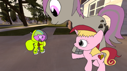 Size: 1920x1080 | Tagged: safe, artist:wiimeiser, imported from derpibooru, oc, oc only, oc:hired gun, oc:puppysmiles, oc:serenity (fallout equestria: heroes), earth pony, pony, unicorn, fallout equestria, fallout equestria: heroes, 1000 hours in ms paint, 3d, amputee, canterlot ghoul, cutie mark, driveway, fanfic, fanfic art, female, filly, flat colors, foal, giant pony, hazmat suit, hooves, horn, house, implied adoption, macro, mare, ms paint, neighborhood, prosthetic limb, prosthetics, radiation suit, saddle bag, scared, size comparison, size difference, source filmmaker, traced over sfm