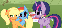Size: 1024x469 | Tagged: safe, artist:fragrance-mlpng, imported from derpibooru, applejack, rainbow dash, twilight sparkle, alicorn, pony, alternate hairstyle, base used, heart eyes, picnic, twilight sparkle (alicorn), wingding eyes