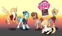 Size: 1280x745 | Tagged: safe, artist:calicopikachu, edit, imported from derpibooru, griffon, pegasus, pony, unicorn, chloe price, flying, griffonized, kate marsh, life is strange, logo, logo edit, logo parody, maxine caulfield, my little pony logo, my little x, ponified, rachel amber, raised hoof, victoria chase