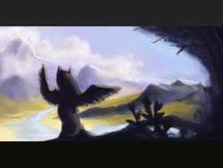 Size: 800x600 | Tagged: safe, artist:e_dubina, imported from derpibooru, fluttershy, pegasus, pony, female, looking away, mountain, rear view, scenery, sitting, solo, spread wings, wings