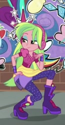 Size: 187x358 | Tagged: safe, imported from derpibooru, screencap, lemon zest, dance magic, equestria girls, spoiler:eqg specials, boots, clothes, cropped, female, headphones, high heel boots, leggings, pants, shoes, skirt, smiling, solo, zest best dress
