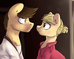 Size: 1573x1248 | Tagged: safe, artist:tigra0118, imported from derpibooru, earth pony, pony, clothes, crossover, elena fisher, looking at each other, nathan drake, ponified, smiling, uncharted