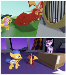 Size: 1958x2230 | Tagged: safe, artist:northern haste, imported from derpibooru, basil, flash sentry, twilight sparkle, dragon, pegasus, pony, unicorn, 2 panel comic, 3d, cardboard box, colt, colt flash sentry, comic, diaper, diaper fetish, fantasy class, female, fetish, filly, filly twilight sparkle, imagination, knight, knight rescues the princess, male, medieval, non-baby in diaper, playing, pretend, princess, royal guard, source filmmaker, sword, toy, unicorn twilight, warrior, weapon, younger