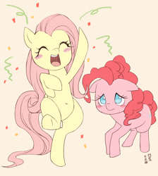 Size: 1000x1118 | Tagged: safe, artist:yanamosuda, imported from derpibooru, fluttershy, pinkie pie, earth pony, pegasus, pony, belly button, bipedal, blush sticker, blushing, body swap, cheering, confetti, cute, diapinkes, duo, eyes closed, female, floppy ears, frown, happy, kinetic contrast, mare, open mouth, out of character, personality swap, raised leg, role reversal, shy, shyabetes, simple background, smiling, underhoof, voice actor joke, white background