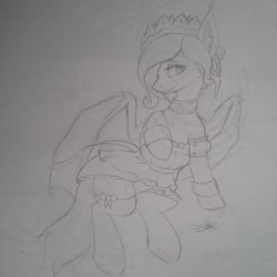 Size: 1280x1280 | Tagged: safe, artist:lilac, imported from derpibooru, oc, oc only, oc:lilac mist, bat pony, pony, blushing, bow, clothes, crown, dress, female, jewelry, monochrome, regalia, socks, solo, traditional art