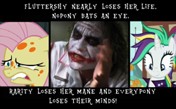 Size: 1116x690 | Tagged: safe, edit, edited screencap, imported from derpibooru, screencap, fluttershy, rarity, pegasus, pony, unicorn, a health of information, it isn't the mane thing about you, spoiler:s07e19, alternate hairstyle, batman, female, image macro, mare, meme, punk, raripunk, swamp fever, text, the dark knight, the joker