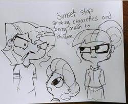 Size: 1777x1440 | Tagged: safe, artist:tjpones, imported from derpibooru, sci-twi, sunset shimmer, twilight sparkle, oc, oc:honeycrisp blossom, series:sciset diary, equestria girls, cigarette, dialogue, female, glasses, lesbian, monochrome, offspring, parent:big macintosh, parent:princess cadance, parents:cadmac, scissors, scitwishimmer, shipping, sunsetsparkle, traditional art