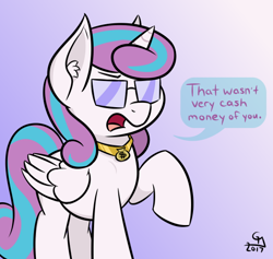 Size: 540x512 | Tagged: safe, artist:glimglam, imported from derpibooru, princess flurry heart, alicorn, pony, cash money, dialogue, ear fluff, featured image, female, gold digger, gradient background, jewelry, mare, meme, necklace, older, older flurry heart, open mouth, ponified, purple background, raised hoof, solo, sunglasses, teenage flurry heart, teenager