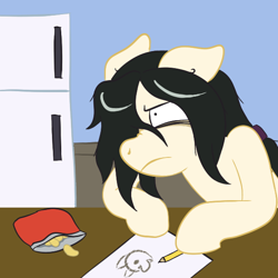 Size: 576x576 | Tagged: safe, artist:scraggleman, imported from derpibooru, oc, oc only, oc:floor bored, earth pony, pony, /mlp/, 4chan, annoyed, chips, female, food, frown, hoof hold, mare, paper, pencil, picture, reaction image, refrigerator, solo, table, unamused