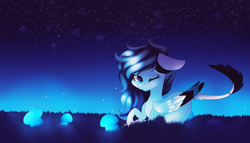 Size: 1024x585 | Tagged: safe, artist:hyshyy, imported from derpibooru, oc, oc only, oc:sapphire moonlight, pegasus, pony, colored wings, female, mare, multicolored wings, mushroom, night, one eye closed, prone, solo, wink