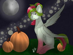 Size: 1024x768 | Tagged: safe, artist:celesterush, imported from derpibooru, oc, oc only, oc:watermelana, pony, blank flank, gradient hooves, halloween, holiday, moon, night, pumpkin, sitting, solo