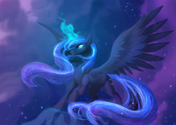 Size: 1500x1068 | Tagged: safe, artist:jaeneth, imported from derpibooru, princess luna, alicorn, pony, female, magic, mare, night, solo, spread wings, windswept mane, wings