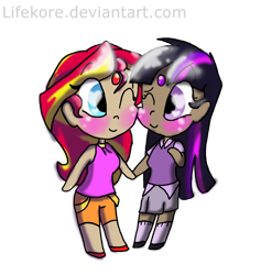 Size: 1024x1038 | Tagged: safe, artist:lifekore, imported from derpibooru, sunset shimmer, twilight sparkle, equestria girls, bindi, blushing, cuddling, cute, dark skin, female, holding hands, human coloration, lesbian, one eye closed, shimmerbetes, shipping, simple background, sunsetsparkle, transparent background, twiabetes, wink