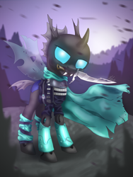 Size: 1024x1365 | Tagged: safe, artist:helmie-art, artist:helmie-d, imported from derpibooru, oc, oc only, oc:x59, changeling, armor, assassin, changeling oc, knife, scout, solo, weapon