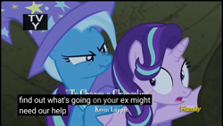 Size: 1920x1080 | Tagged: safe, imported from derpibooru, screencap, starlight glimmer, trixie, pony, to change a changeling, bag, discovery family logo, looking back, meme, scrunchy face, tv-y, youtube caption