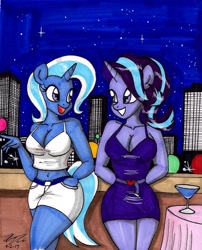 Size: 1364x1685 | Tagged: safe, artist:newyorkx3, imported from derpibooru, starlight glimmer, trixie, anthro, unicorn, belly button, breasts, busty starlight glimmer, busty trixie, city, cleavage, clothes, dress, drink, female, looking at each other, mare, midriff, night, smiling, traditional art