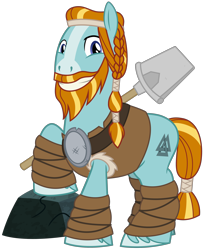 Size: 2600x3200 | Tagged: safe, artist:cheezedoodle96, imported from derpibooru, rockhoof, earth pony, pony, campfire tales, .svg available, armor, beard, braid, braided ponytail, facial hair, leather armor, leg wraps, looking at you, male, moustache, rock, rockhoof's shovel, shovel, simple background, smiling, solo, stallion, svg, transparent background, valknut, vector