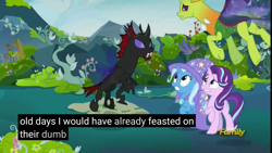 Size: 2524x1422 | Tagged: safe, imported from derpibooru, screencap, pharynx, starlight glimmer, thorax, trixie, changedling, changeling, pony, unicorn, to change a changeling, brothers, female, king thorax, male, mare, meme, scared, youtube caption