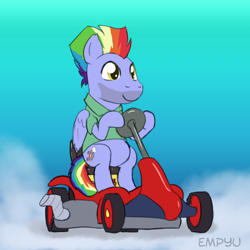 Size: 1000x1000 | Tagged: safe, artist:empyu, imported from derpibooru, bow hothoof, pegasus, pony, 30 minute art challenge, cloud, driving, lawn mower, male, solo, stallion