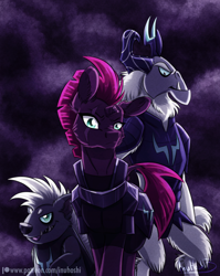 Size: 900x1131 | Tagged: safe, artist:inuhoshi-to-darkpen, imported from derpibooru, grubber, storm king, tempest shadow, hedgehog, pony, yeti, my little pony: the movie, armor, broken horn, clothes, eye scar, scar