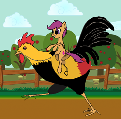 Size: 576x564 | Tagged: artist needed, safe, color edit, edit, editor:lunartraveler, imported from derpibooru, scootaloo, chicken, pony, colored, digital art, riding