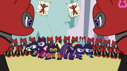 Size: 1024x571 | Tagged: safe, artist:author92, imported from derpibooru, applejack, fluttershy, pinkie pie, rainbow dash, rarity, twilight sparkle, oc, alicorn, earth pony, pegasus, pony, unicorn, series:siege of canterlot, brightly colored ninjas, canterlot, fighting stance, kite, kunoichi, mane six, mask, ninja, ninja kite, story included