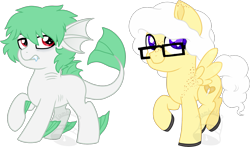 Size: 1361x800 | Tagged: safe, artist:tambelon, imported from derpibooru, oc, oc only, oc:lir, oc:twinkie cream, original species, pegasus, pony, duo, female, glasses, mare, simple background, transparent background, watermark, wingding eyes