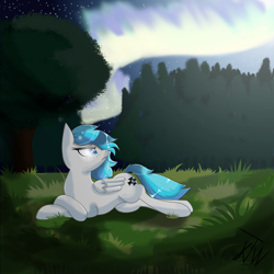 Size: 1280x1280 | Tagged: safe, artist:alexdiamondskye, artist:katiethewolfie, artist:katiethewolfy, imported from derpibooru, oc, oc only, oc:katiediamondsky, pegasus, pony, aurora borealis, depressed, forest, forest background, solo, tree, white