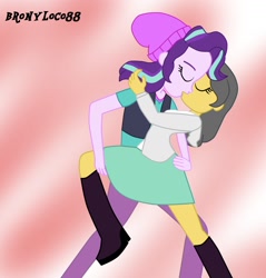 Size: 1516x1588 | Tagged: safe, imported from derpibooru, starlight glimmer, oc, equestria girls, beanie, clothes, female, hat, kissing, leg hold, lesbian, skirt